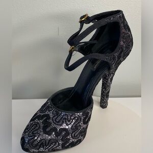 Dolce & Gabbana Black & Silver Lace Overlay Ankle-Strap High Heels Authebtic